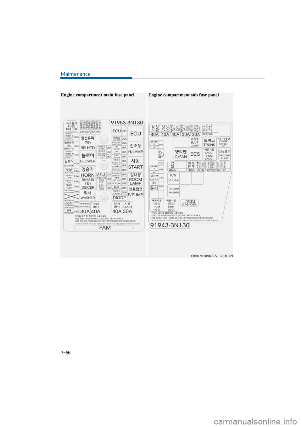 Hyundai Equus 2016  Owners Manual 7-66
Maintenance
OVI073109N/OVI073107N
Engine compartment main fuse panel Engine compartment sub fuse panel 