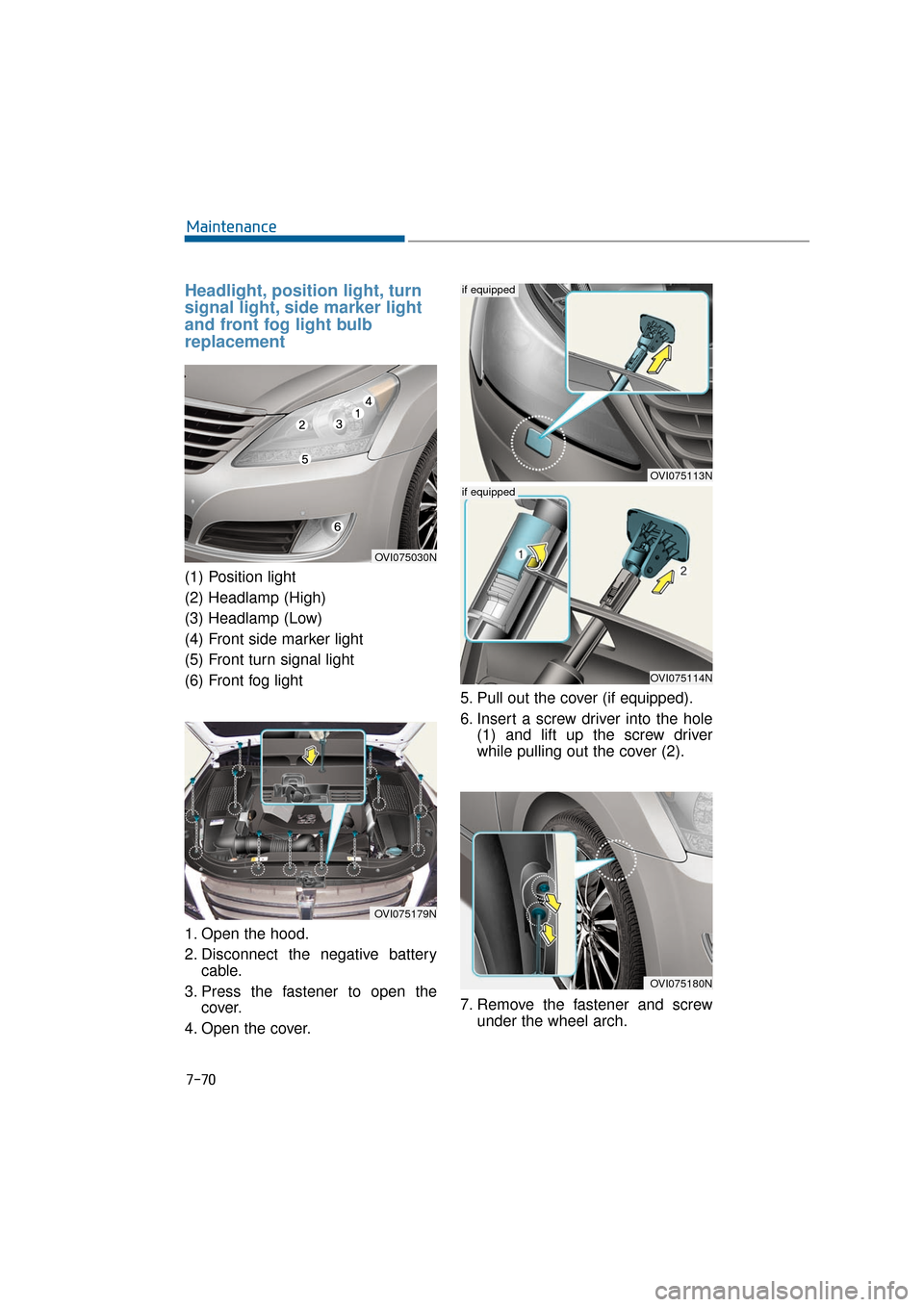 Hyundai Equus 2016  Owners Manual 7-70
Maintenance
Headlight, position light, turn
signal light, side marker light
and front fog light bulb
replacement
(1) Position light
(2) Headlamp (High)
(3) Headlamp (Low)
(4) Front side marker li