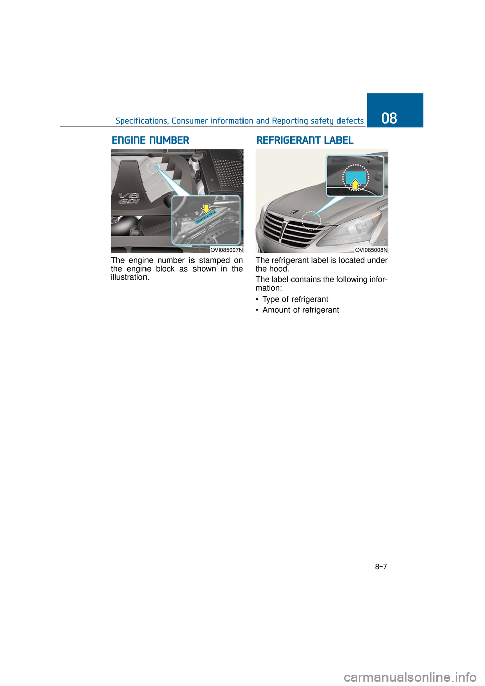 Hyundai Equus 2016 Owners Manual The engine number is stamped on
the engine block as shown in the
illustration.The refrigerant label is located under
the hood.
The label contains the following infor-
mation:
Type of refrigerant
Amo Hyundai Equus 2016 Owners Manual The engine number is stamped on
the engine block as shown in the
illustration.The refrigerant label is located under
the hood.
The label contains the following infor-
mation:
Type of refrigerant
Amo