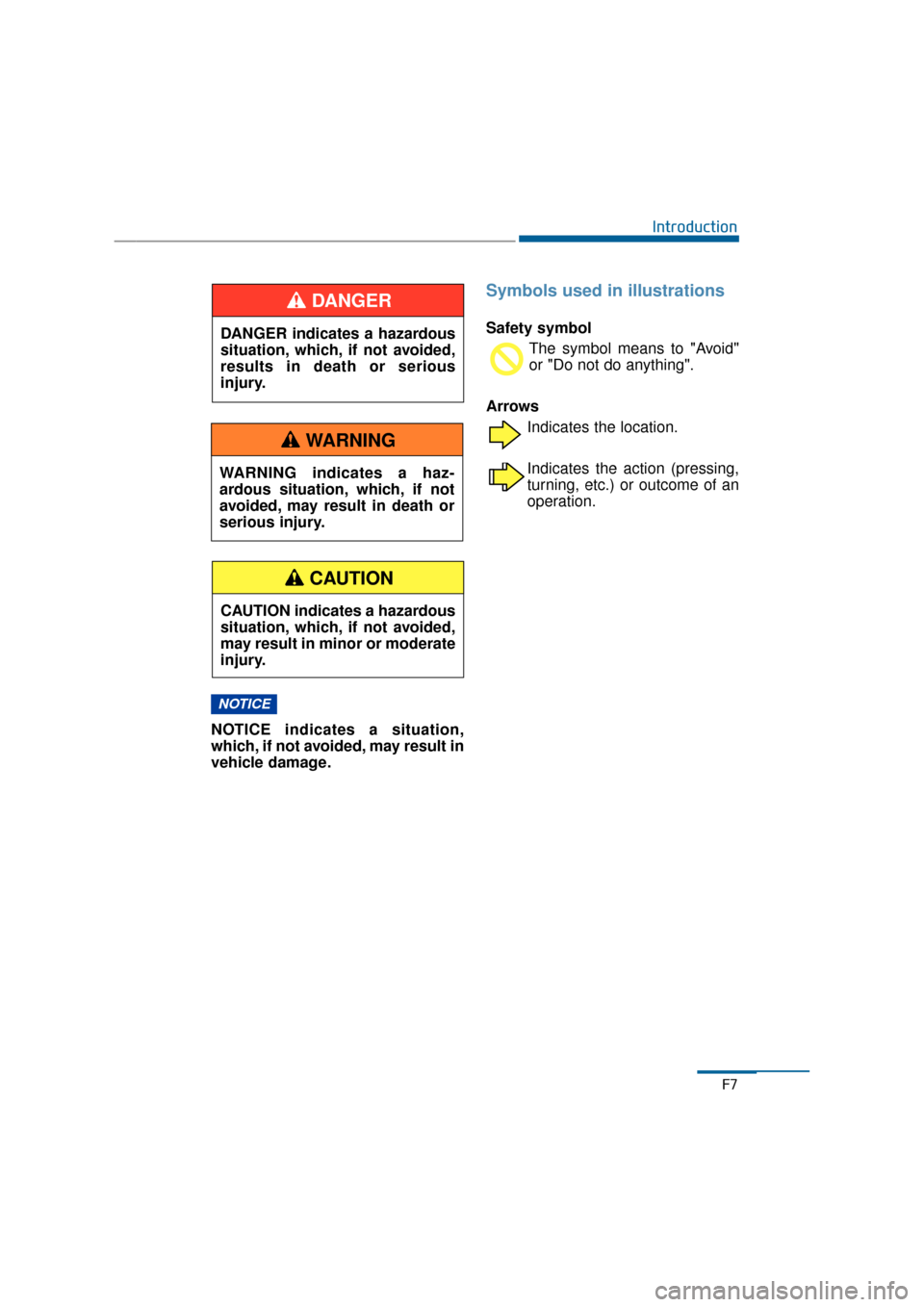 Hyundai Equus 2016  Owners Manual NOTICE indicates a situation,
which, if not avoided, may result in
vehicle damage.
Symbols used in illustrations
Safety symbol The symbol means to "Avoid"
or "Do not do anything".
Arrows Indicates the