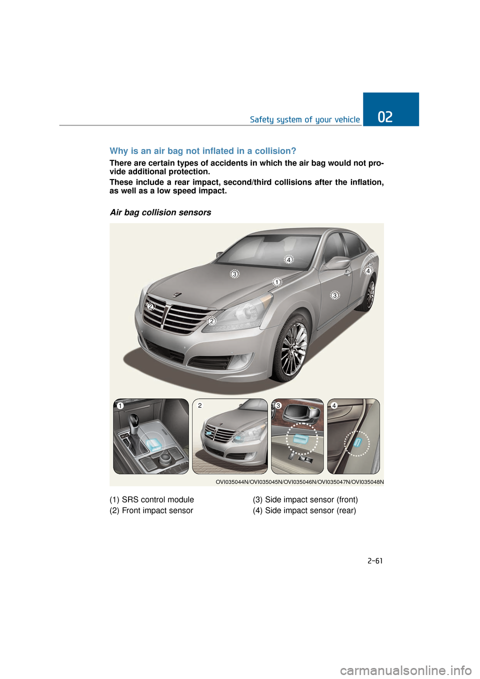 Hyundai Equus 2016 Manual Online 2-61
Safety system of your vehicle02
OVI035044N/OVI035045N/OVI035046N/OVI035047N/OVI035048N
(1) SRS control module
(2) Front impact sensor(3) Side impact sensor (front)
(4) Side impact sensor (rear)
W