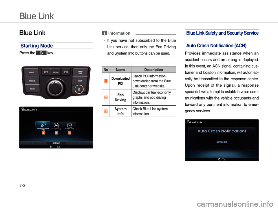 Hyundai Equus 2016  Digital Navigation System Blue Link
7-2
Blue Link
Starting Mode
Press the  key.
 ò ó ô
i Information
!Ÿ�If you have not subscribed to the Blue 
Link service, then only the Eco Driving 
and System Info buttons can be used.