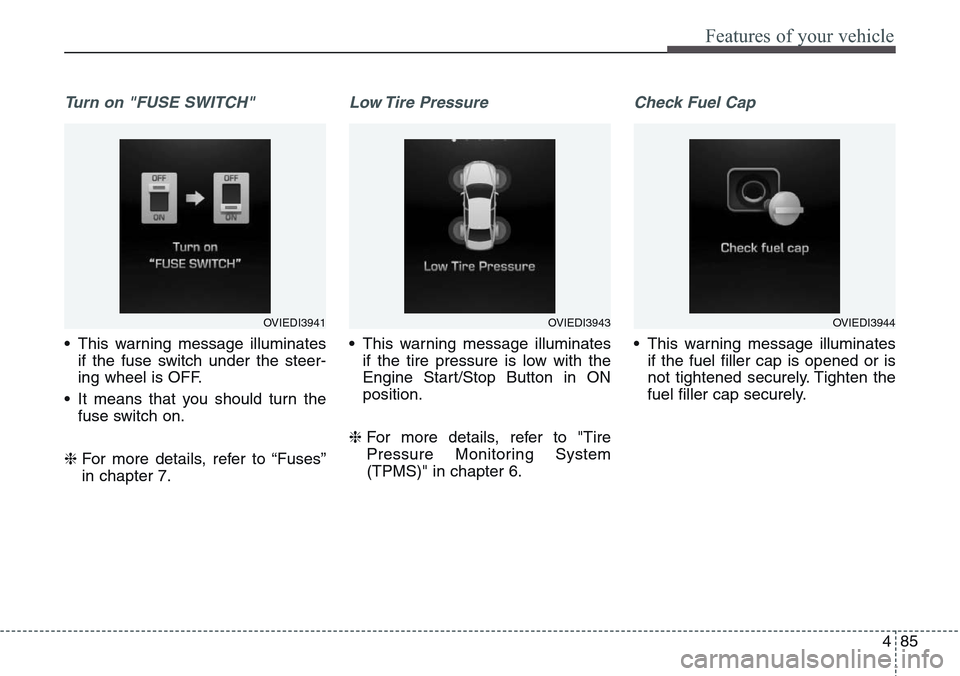 Hyundai Equus 2015  Owners Manual 485
Features of your vehicle
Turn on "FUSE SWITCH" 
• This warning message illuminates
if the fuse switch under the steer-
ing wheel is OFF.
• It means that you should turn the
fuse switch on.
❈