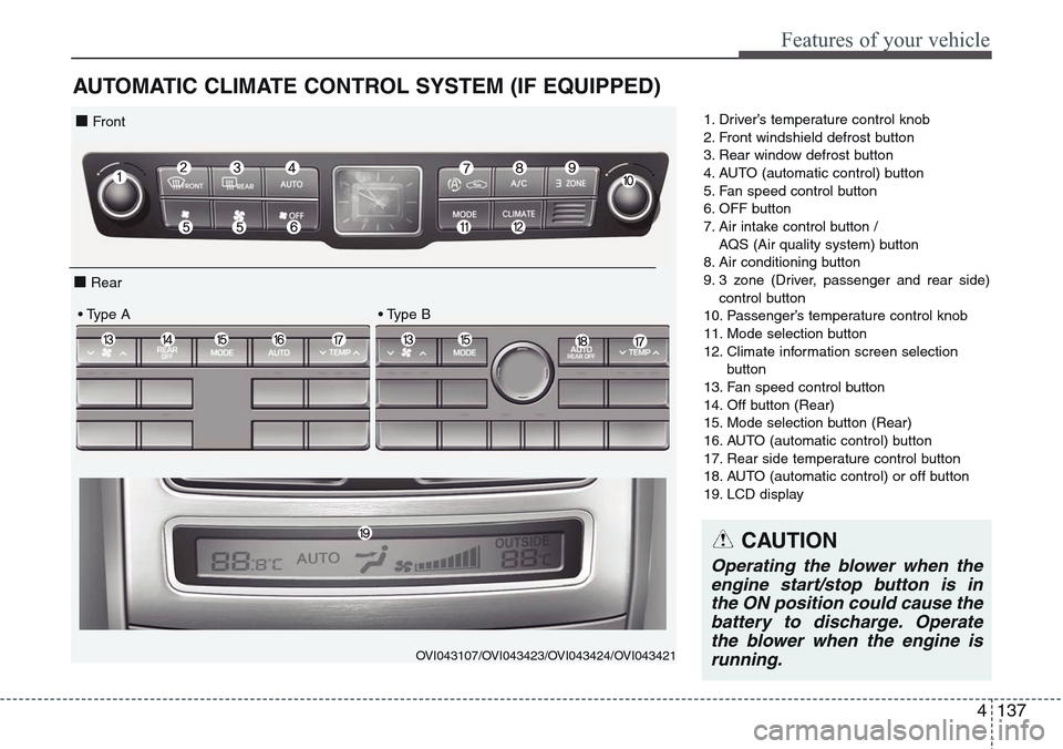 Hyundai Equus 2015  Owners Manual 4137
Features of your vehicle
AUTOMATIC CLIMATE CONTROL SYSTEM (IF EQUIPPED)
1. Driver’s temperature control knob
2. Front windshield defrost button
3. Rear window defrost button
4. AUTO (automatic 