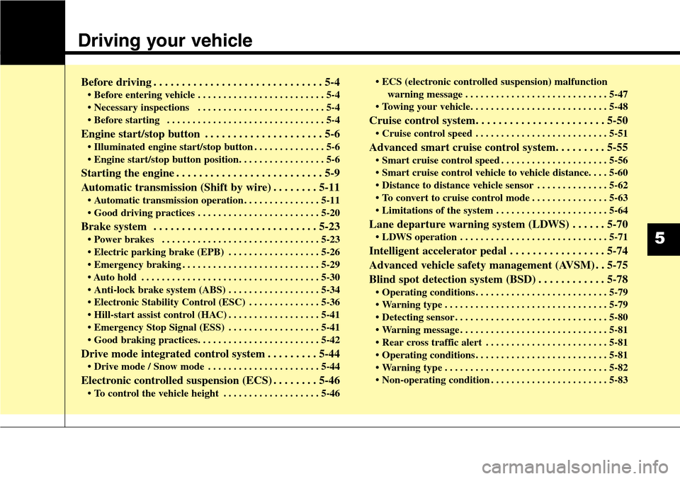 Hyundai Equus 2015  Owners Manual Driving your vehicle  
Before driving . . . . . . . . . . . . . . . . . . . . . . . . . . . . . . 5-4
• Before entering vehicle . . . . . . . . . . . . . . . . . . . . . . . . . 5-4
• Necessary in