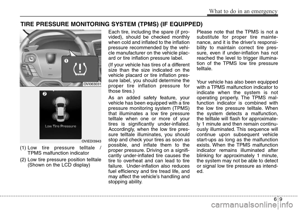 Hyundai Equus 2015  Owners Manual 69
What to do in an emergency
TIRE PRESSURE MONITORING SYSTEM (TPMS) (IF EQUIPPED)
(1) Low tire pressure telltale / 
TPMS malfunction indicator
(2) Low tire pressure position telltale
(Shown on the LC