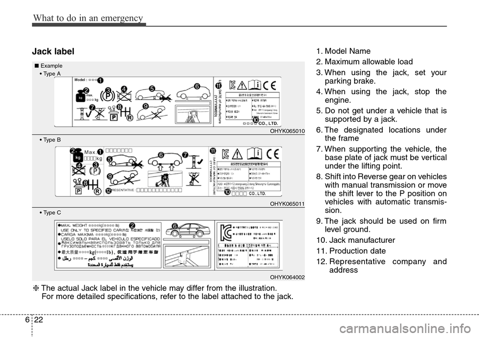 Hyundai Equus 2015 Owners Manual What to do in an emergency
22 6
Jack label1. Model Name
2. Maximum allowable load
3. When using the jack, set your
parking brake.
4. When using the jack, stop the
engine.
5. Do not get under a vehicle Hyundai Equus 2015 Owners Manual What to do in an emergency
22 6
Jack label1. Model Name
2. Maximum allowable load
3. When using the jack, set your
parking brake.
4. When using the jack, stop the
engine.
5. Do not get under a vehicle