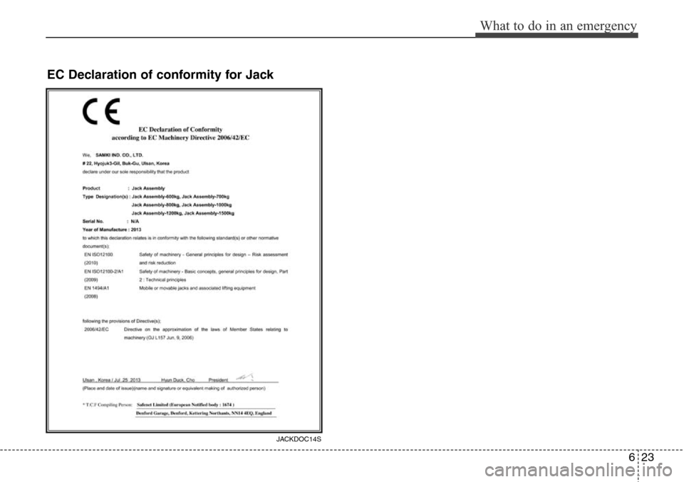 Hyundai Equus 2015 Owners Manual 623
What to do in an emergency
JACKDOC14S
EC Declaration of conformity for Jack Hyundai Equus 2015 Owners Manual 623
What to do in an emergency
JACKDOC14S
EC Declaration of conformity for Jack