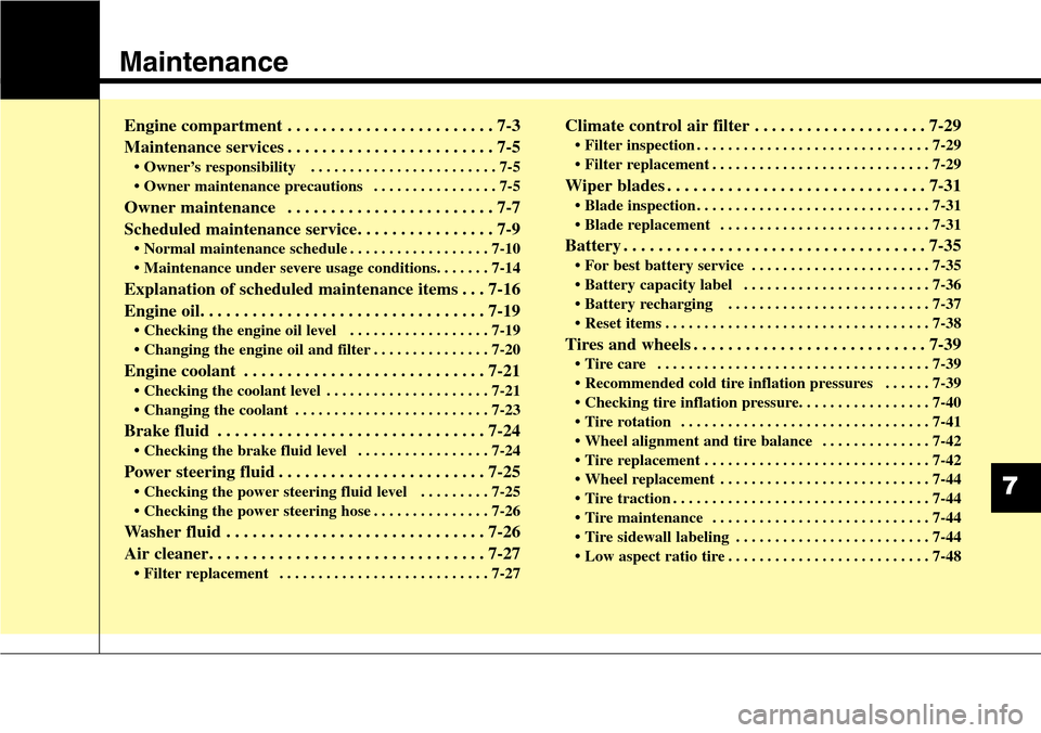 Hyundai Equus 2015  Owners Manual Maintenance
Engine compartment . . . . . . . . . . . . . . . . . . . . . . . . 7-3
Maintenance services . . . . . . . . . . . . . . . . . . . . . . . . 7-5
• Owner’s responsibility   . . . . . . .