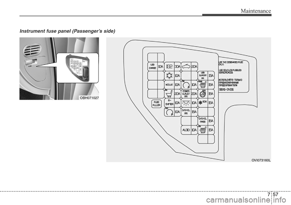 Hyundai Equus 2015 Owners Manual 757
Maintenance
Instrument fuse panel (Passenger’s side)
OVI073160L
OBH071027 Hyundai Equus 2015 Owners Manual 757
Maintenance
Instrument fuse panel (Passenger’s side)
OVI073160L
OBH071027