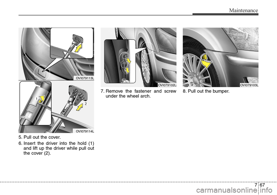 Hyundai Equus 2015 Owners Manual 767
Maintenance
5. Pull out the cover.
6. Insert the driver into the hold (1)
and lift up the driver while pull out
the cover (2).7. Remove the fastener and screw
under the wheel arch.8. Pull out the Hyundai Equus 2015 Owners Manual 767
Maintenance
5. Pull out the cover.
6. Insert the driver into the hold (1)
and lift up the driver while pull out
the cover (2).7. Remove the fastener and screw
under the wheel arch.8. Pull out the