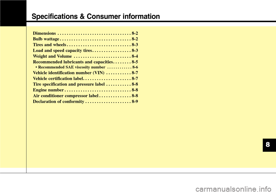 Hyundai Equus 2015 Owners Manual Specifications & Consumer information
Dimensions . . . . . . . . . . . . . . . . . . . . . . . . . . . . . . . . 8-2
Bulb wattage . . . . . . . . . . . . . . . . . . . . . . . . . . . . . . . 8-2
Tire Hyundai Equus 2015 Owners Manual Specifications & Consumer information
Dimensions . . . . . . . . . . . . . . . . . . . . . . . . . . . . . . . . 8-2
Bulb wattage . . . . . . . . . . . . . . . . . . . . . . . . . . . . . . . 8-2
Tire