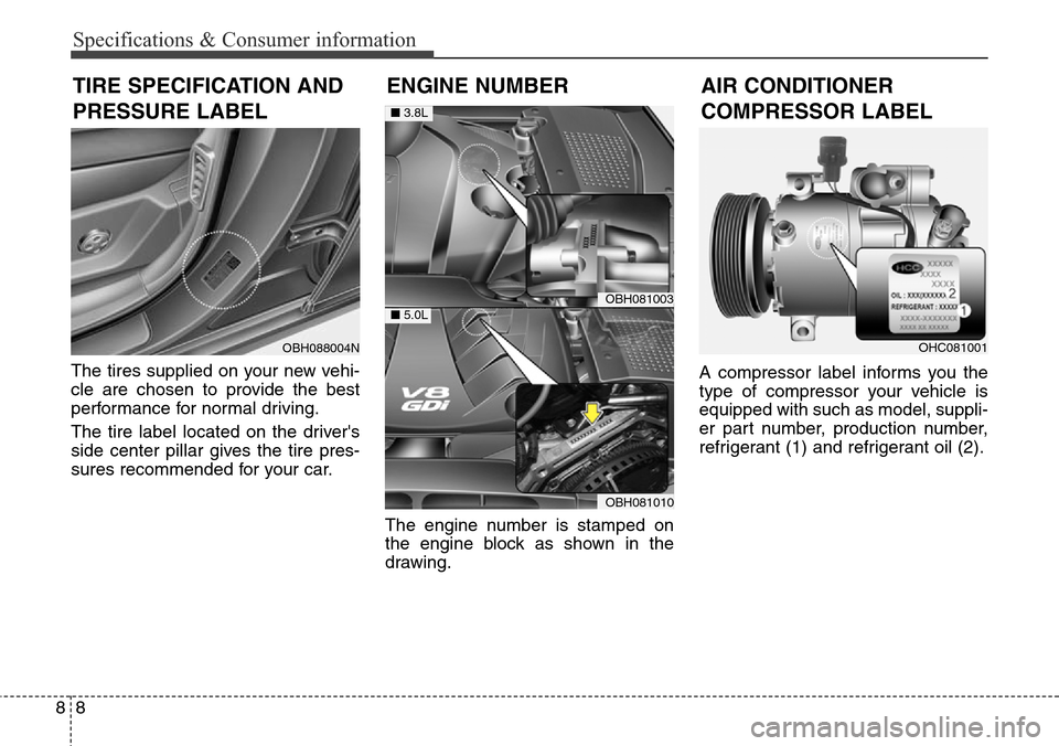 Hyundai Equus 2015 Owners Manual Specifications & Consumer information
8 8
The tires supplied on your new vehi-
cle are chosen to provide the best
performance for normal driving.
The tire label located on the drivers
side center pil Hyundai Equus 2015 Owners Manual Specifications & Consumer information
8 8
The tires supplied on your new vehi-
cle are chosen to provide the best
performance for normal driving.
The tire label located on the drivers
side center pil
