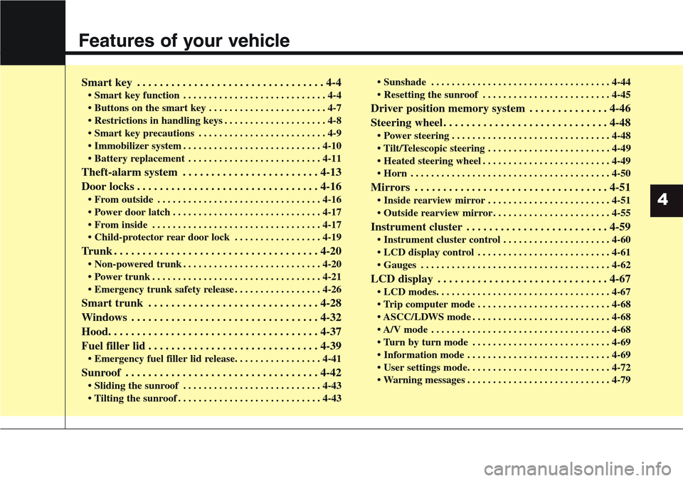 Hyundai Equus 2015  Owners Manual Features of your vehicle
Smart key . . . . . . . . . . . . . . . . . . . . . . . . . . . . . . . . . 4-4
• Smart key function . . . . . . . . . . . . . . . . . . . . . . . . . . . . 4-4
• Buttons 