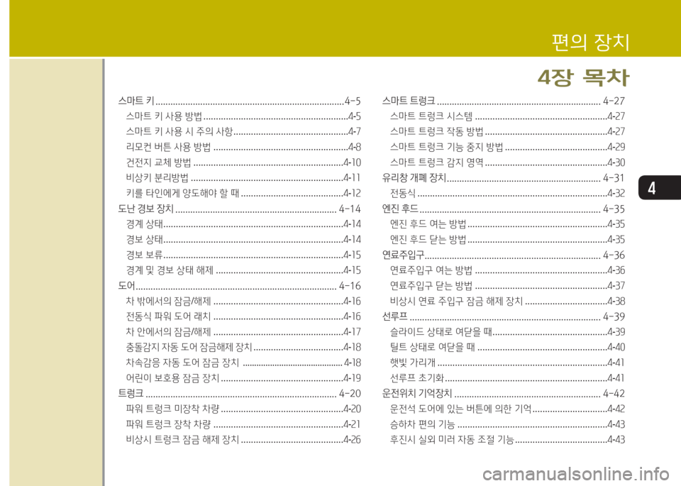 Hyundai Equus 2015  에쿠스 VI - 사용 설명서 (in Korean) 4
스마트 키 ............................................................................ 4-5스마트  키  사용  방법  .......................................................... 4-자
스마
