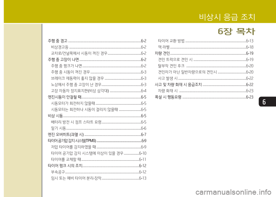 Hyundai Equus 2015  에쿠스 VI - 사용 설명서 (in Korean) 작
주B 중  경고  ........................................................................ 작-속
비상경고등  ....................................................................... 6-2
교