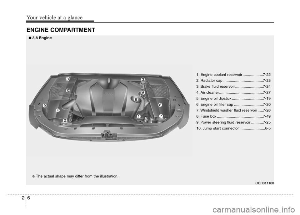 Hyundai Equus 2014  Owners Manual Your vehicle at a glance
6 2
ENGINE COMPARTMENT
1. Engine coolant reservoir ...................7-22
2. Radiator cap .....................................7-23
3. Brake fluid reservoir .................