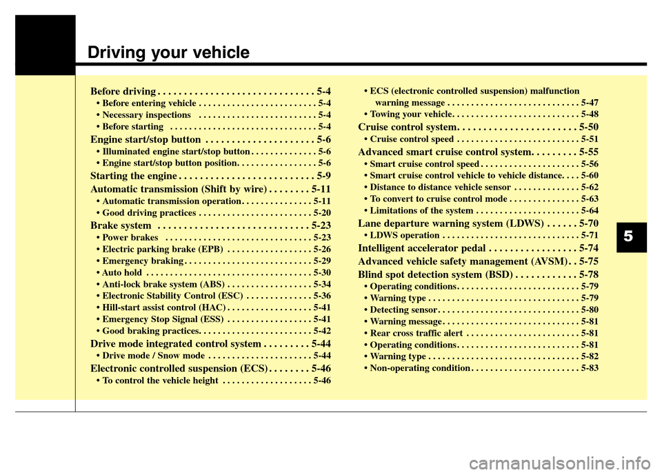 Hyundai Equus 2014  Owners Manual Driving your vehicle  
Before driving . . . . . . . . . . . . . . . . . . . . . . . . . . . . . . 5-4
• Before entering vehicle . . . . . . . . . . . . . . . . . . . . . . . . . 5-4
• Necessary in