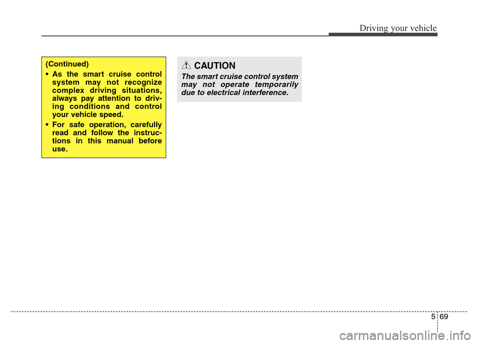 Hyundai Equus 2014  Owners Manual 569
Driving your vehicle
CAUTION
The smart cruise control system
may not operate temporarily
due to electrical interference.
(Continued)
• As the smart cruise control
system may not recognize
comple