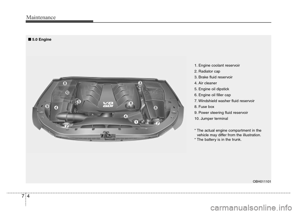Hyundai Equus 2014 Owners Manual Maintenance
4 7
OBH011101
1. Engine coolant reservoir
2. Radiator cap
3. Brake fluid reservoir
4. Air cleaner
5. Engine oil dipstick
6. Engine oil filler cap
7. Windshield washer fluid reservoir
8. Fu Hyundai Equus 2014 Owners Manual Maintenance
4 7
OBH011101
1. Engine coolant reservoir
2. Radiator cap
3. Brake fluid reservoir
4. Air cleaner
5. Engine oil dipstick
6. Engine oil filler cap
7. Windshield washer fluid reservoir
8. Fu