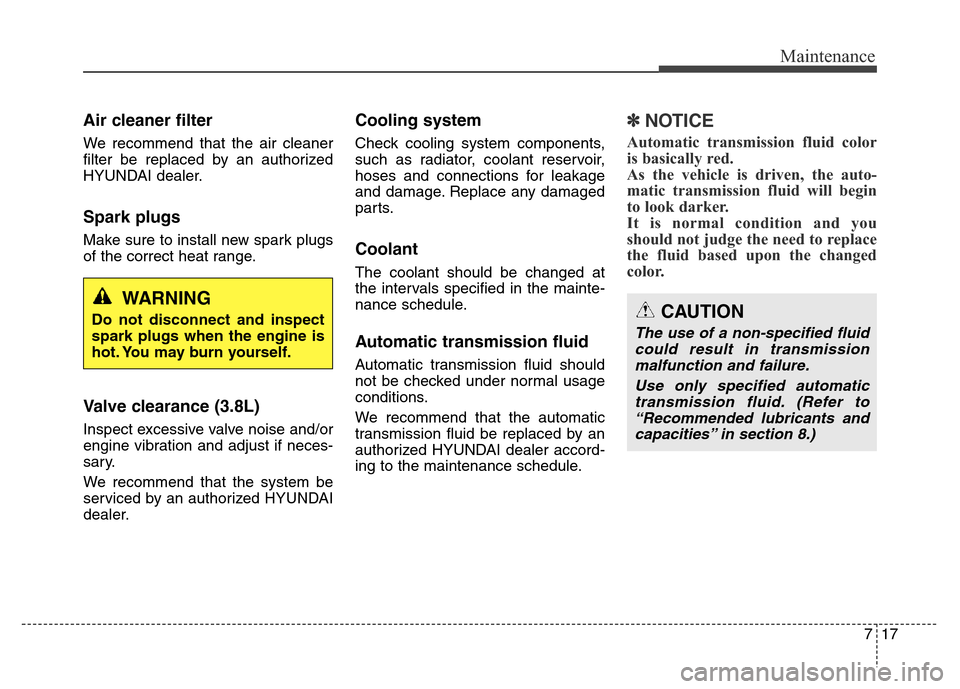 Hyundai Equus 2014  Owners Manual 717
Maintenance
Air cleaner filter
We recommend that the air cleaner
filter be replaced by an authorized
HYUNDAI dealer.
Spark plugs
Make sure to install new spark plugs
of the correct heat range.
Val