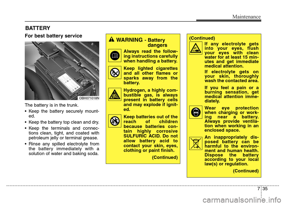 Hyundai Equus 2014 Owners Manual 735
Maintenance
For best battery service
The battery is in the trunk.
• Keep the battery securely mount-
ed.
• Keep the battery top clean and dry.
• Keep the terminals and connec-
tions clean, t Hyundai Equus 2014 Owners Manual 735
Maintenance
For best battery service
The battery is in the trunk.
• Keep the battery securely mount-
ed.
• Keep the battery top clean and dry.
• Keep the terminals and connec-
tions clean, t