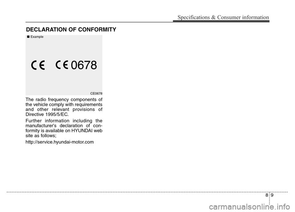Hyundai Equus 2014  Owners Manual 89
Specifications & Consumer information
The radio frequency components of
the vehicle comply with requirements
and other relevant provisions of
Directive 1995/5/EC.
Further information including the
