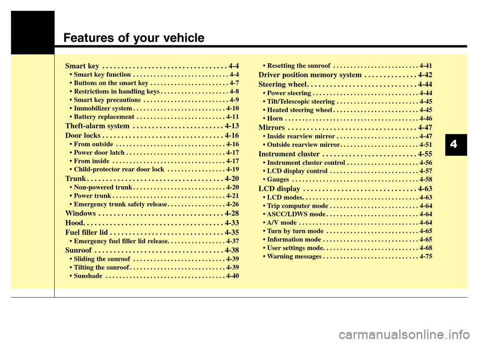 Hyundai Equus 2014  Owners Manual Features of your vehicle
Smart key . . . . . . . . . . . . . . . . . . . . . . . . . . . . . . . . . 4-4
• Smart key function . . . . . . . . . . . . . . . . . . . . . . . . . . . . 4-4
• Buttons 