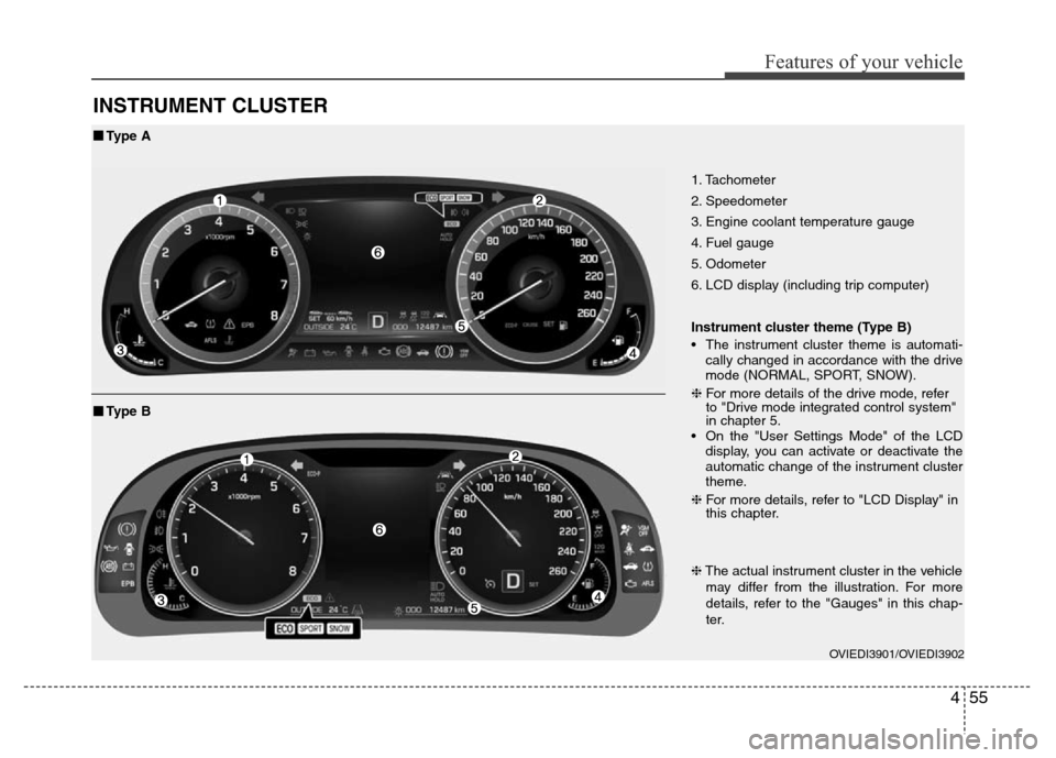 Hyundai Equus 2013  Owners Manual 455
Features of your vehicle
INSTRUMENT CLUSTER
1. Tachometer
2. Speedometer
3. Engine coolant temperature gauge
4. Fuel gauge
5. Odometer
6. LCD display (including trip computer)
Instrument cluster t