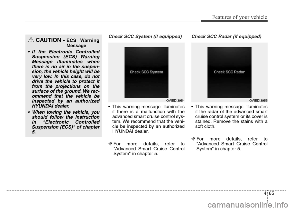 Hyundai Equus 2013  Owners Manual 485
Features of your vehicle
Check SCC System (if equipped)
• This warning message illuminates
if there is a malfunction with the
advanced smart cruise control sys-
tem. We recommend that the vehi-
