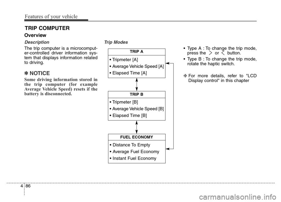 Hyundai Equus 2013  Owners Manual Features of your vehicle
86 4
Overview
Description
The trip computer is a microcomput-
er-controlled driver information sys-
tem that displays information related
to driving.
✽NOTICE
Some driving in