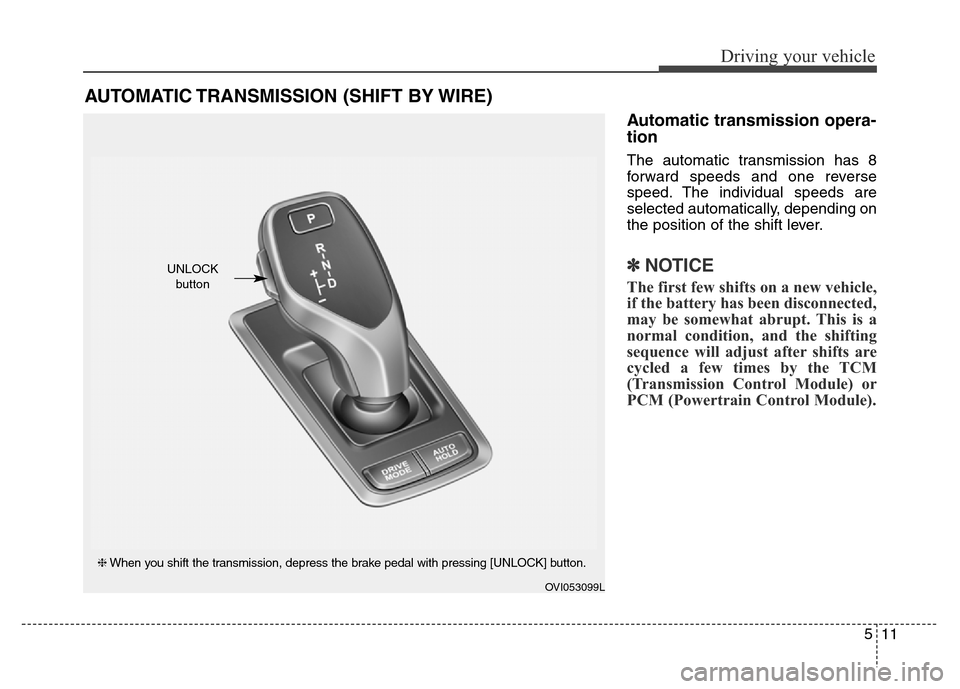 Hyundai Equus 2013  Owners Manual 511
Driving your vehicle
Automatic transmission opera-
tion
The automatic transmission has 8
forward speeds and one reverse
speed. The individual speeds are
selected automatically, depending on
the po