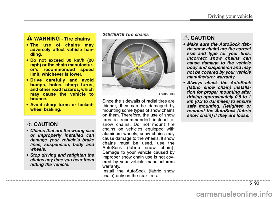 Hyundai Equus 2013  Owners Manual 593
Driving your vehicle
245/45R19 Tire  chains 
Since the sidewalls of radial tires are
thinner, they can be damaged by
mounting some types of snow chains
on them. Therefore, the use of snow
tires is
