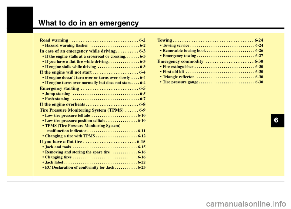 Hyundai Equus 2013  Owners Manual What to do in an emergency
Road warning . . . . . . . . . . . . . . . . . . . . . . . . . . . . . 6-2
• Hazard warning flasher   . . . . . . . . . . . . . . . . . . . . . . . 6-2
In case of an emerg