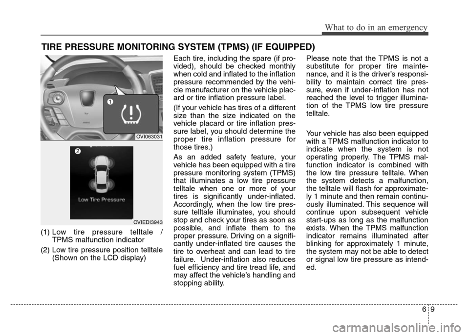 Hyundai Equus 2013  Owners Manual 69
What to do in an emergency
TIRE PRESSURE MONITORING SYSTEM (TPMS) (IF EQUIPPED)
(1) Low tire pressure telltale / 
TPMS malfunction indicator
(2) Low tire pressure position telltale
(Shown on the LC