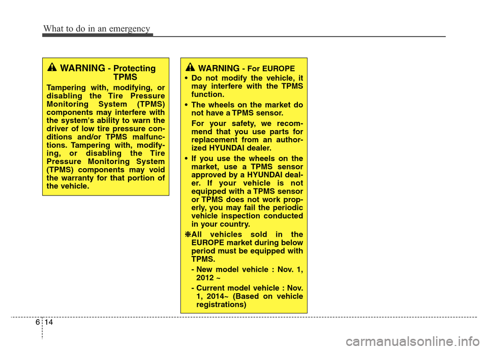 Hyundai Equus 2013  Owners Manual What to do in an emergency
14 6
WARNING- Protecting
TPMS
Tampering with, modifying, or
disabling the Tire Pressure
Monitoring System (TPMS)
components may interfere with
the systems ability to warn t