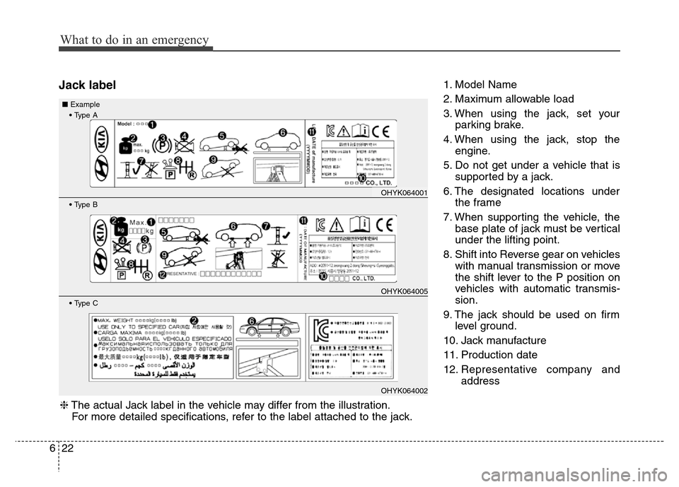 Hyundai Equus 2013 Owners Manual What to do in an emergency
22 6
Jack label1. Model Name
2. Maximum allowable load
3. When using the jack, set your
parking brake.
4. When using the jack, stop the
engine.
5. Do not get under a vehicle Hyundai Equus 2013 Owners Manual What to do in an emergency
22 6
Jack label1. Model Name
2. Maximum allowable load
3. When using the jack, set your
parking brake.
4. When using the jack, stop the
engine.
5. Do not get under a vehicle