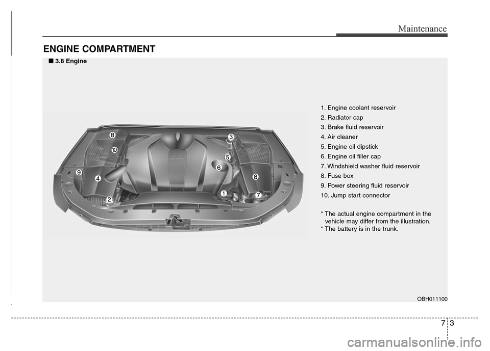 Hyundai Equus 2013  Owners Manual 73
Maintenance
ENGINE COMPARTMENT 
1. Engine coolant reservoir
2. Radiator cap
3. Brake fluid reservoir
4. Air cleaner
5. Engine oil dipstick
6. Engine oil filler cap
7. Windshield washer fluid reserv