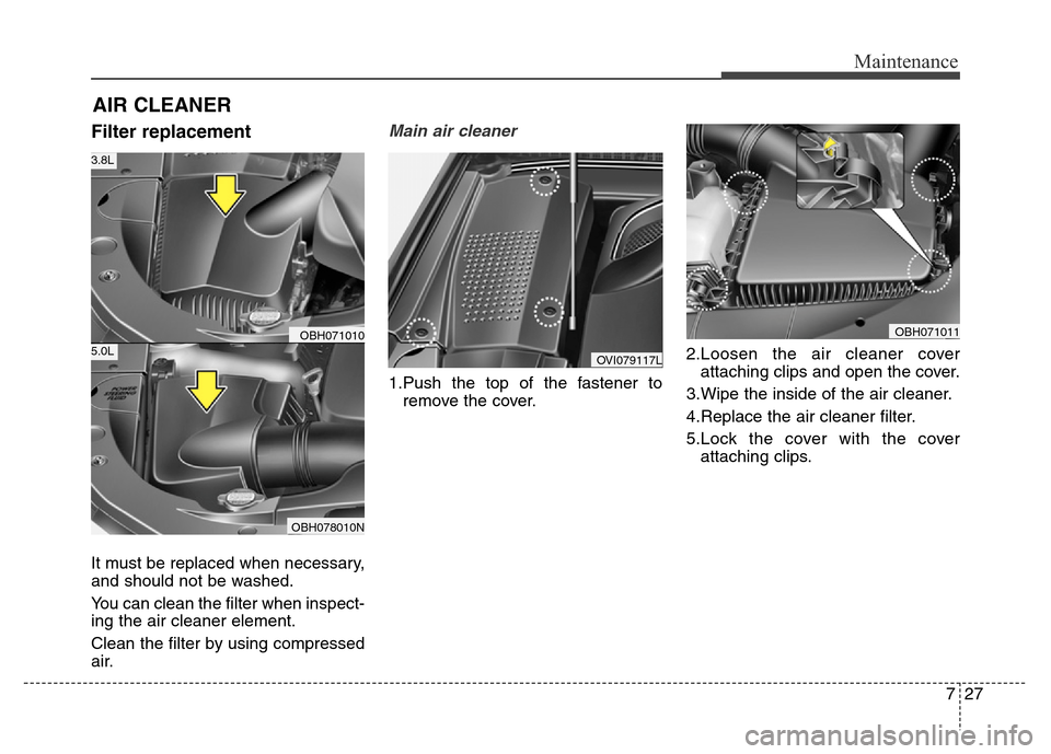 Hyundai Equus 2013 Owners Manual 727
Maintenance
AIR CLEANER
Filter replacement
It must be replaced when necessary,
and should not be washed.
You can clean the filter when inspect-
ing the air cleaner element.
Clean the filter by u Hyundai Equus 2013 Owners Manual 727
Maintenance
AIR CLEANER
Filter replacement
It must be replaced when necessary,
and should not be washed.
You can clean the filter when inspect-
ing the air cleaner element.
Clean the filter by u