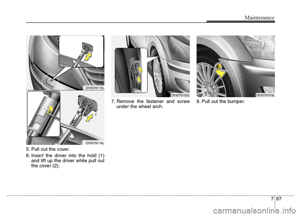 Hyundai Equus 2013 Owners Manual 767
Maintenance
5. Pull out the cover.
6. Insert the driver into the hold (1)
and lift up the driver while pull out
the cover (2).7. Remove the fastener and screw
under the wheel arch.8. Pull out the Hyundai Equus 2013 Owners Manual 767
Maintenance
5. Pull out the cover.
6. Insert the driver into the hold (1)
and lift up the driver while pull out
the cover (2).7. Remove the fastener and screw
under the wheel arch.8. Pull out the