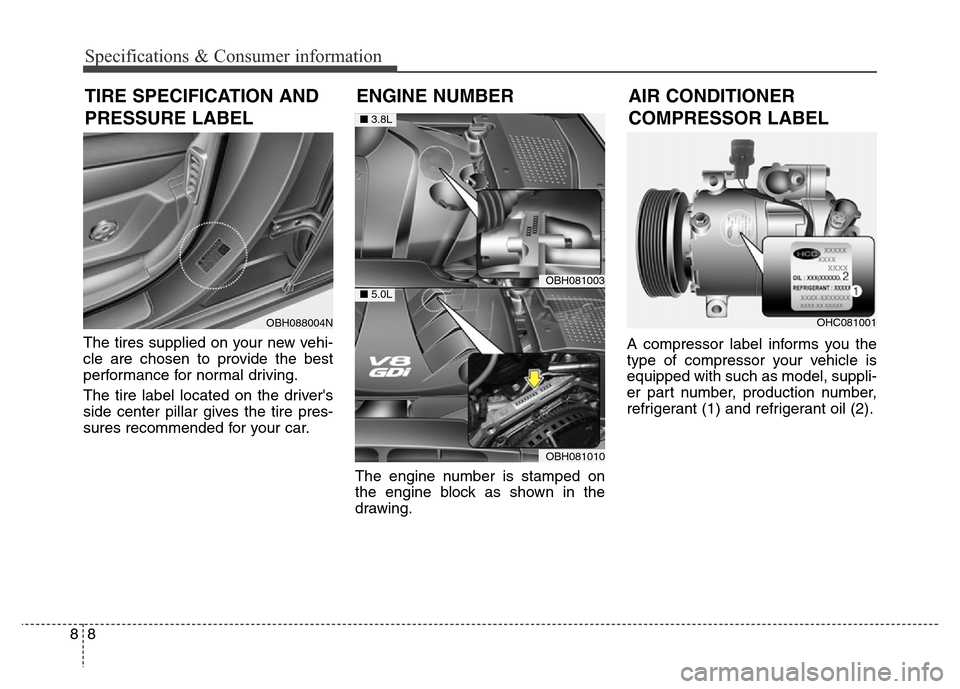 Hyundai Equus 2013 Owners Manual Specifications & Consumer information
8 8
The tires supplied on your new vehi-
cle are chosen to provide the best
performance for normal driving.
The tire label located on the drivers
side center pil Hyundai Equus 2013 Owners Manual Specifications & Consumer information
8 8
The tires supplied on your new vehi-
cle are chosen to provide the best
performance for normal driving.
The tire label located on the drivers
side center pil