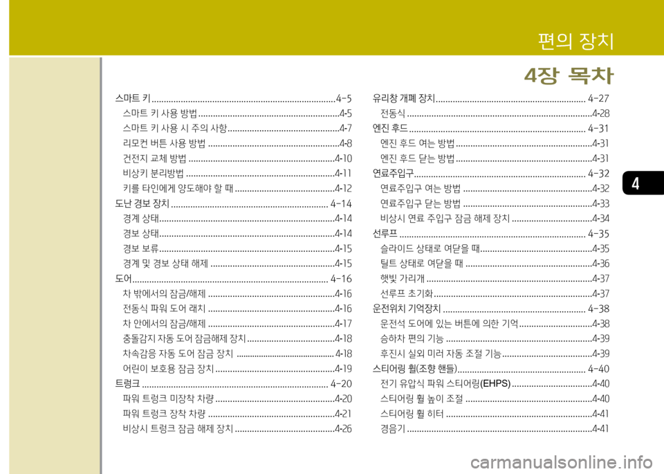 Hyundai Equus 2013  에쿠스 VI - 사용 설명서 (in Korean) 4
스마트 키 ............................................................................ 4-5스마트  키  사용  방법  .......................................................... 4-자
스마