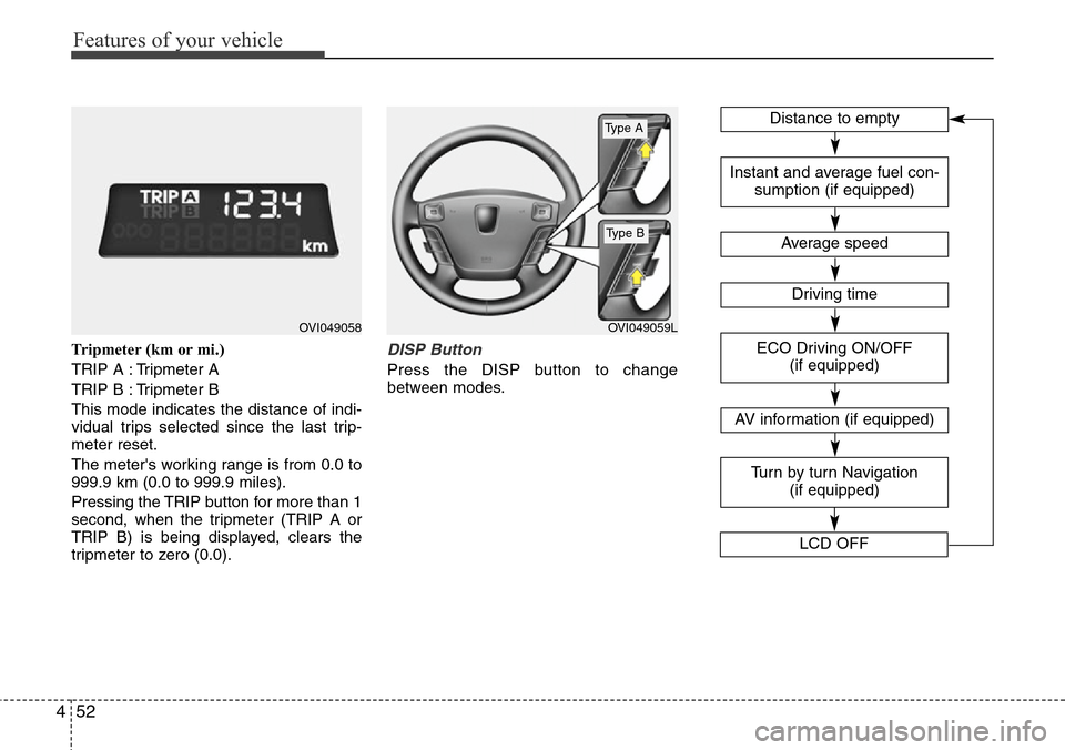 Hyundai Equus 2012  Owners Manual Features of your vehicle
52 4
Tripmeter (km or mi.)
TRIP A : Tripmeter A
TRIP B : Tripmeter B
This mode indicates the distance of indi-
vidual trips selected since the last trip-
meter reset.
The mete