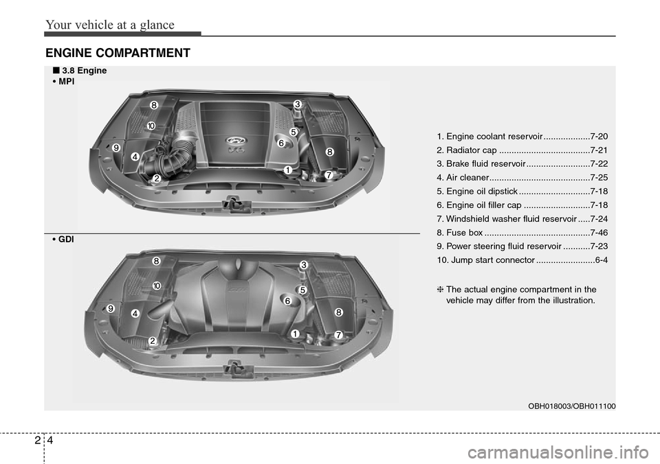 Hyundai Equus 2012 User Guide Your vehicle at a glance
4 2
ENGINE COMPARTMENT
1. Engine coolant reservoir ...................7-20
2. Radiator cap .....................................7-21
3. Brake fluid reservoir .................