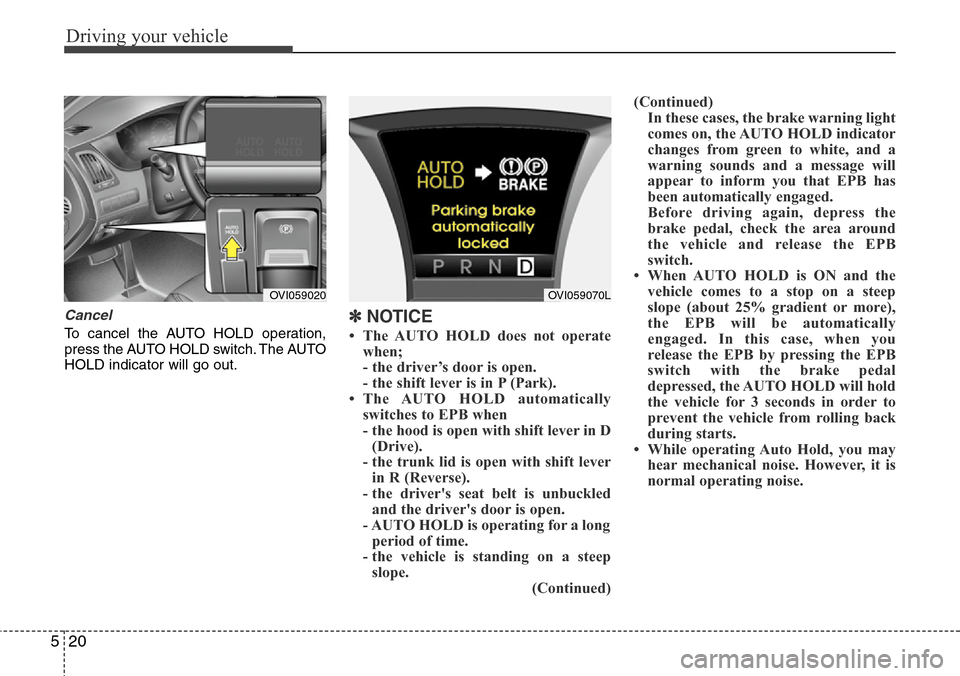 Hyundai Equus 2012  Owners Manual Driving your vehicle
20 5
Cancel
To cancel the AUTO HOLD operation,
press the AUTO HOLD switch. The AUTO
HOLD indicator will go out.✽NOTICE
• The AUTO HOLD does not operate
when;
- the driver’s 