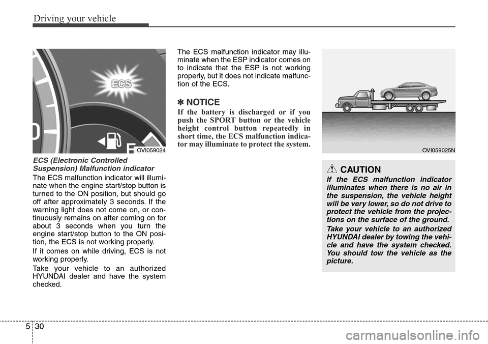 Hyundai Equus 2012  Owners Manual Driving your vehicle
30 5
ECS (Electronic Controlled
Suspension) Malfunction indicator
The ECS malfunction indicator will illumi-
nate when the engine start/stop button is
turned to the ON position, b