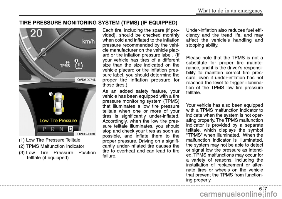 Hyundai Equus 2012  Owners Manual 67
What to do in an emergency
TIRE PRESSURE MONITORING SYSTEM (TPMS) (IF EQUIPPED)
(1) Low Tire Pressure Telltale
(2) TPMS Malfunction Indicator
(3) Low Tire Pressure Position
Telltale (if equipped)Ea