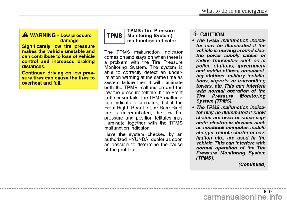 Hyundai Equus 2012  Owners Manual 69
What to do in an emergency
TPMS (Tire Pressure
Monitoring System)
malfunction indicator
The TPMS malfunction indicator
comes on and stays on when there is
a problem with the Tire Pressure
Monitorin