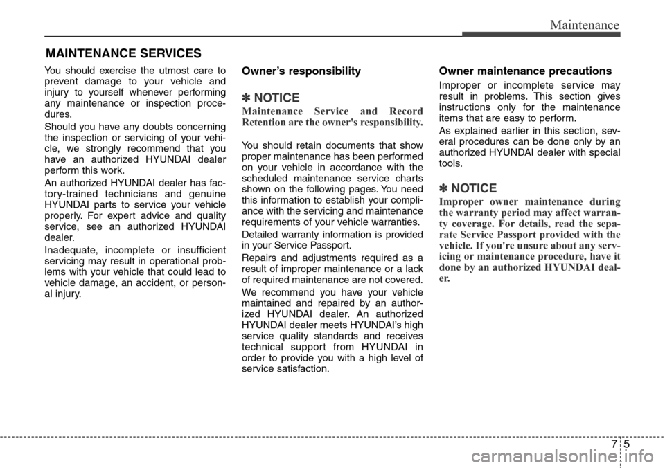 Hyundai Equus 2012  Owners Manual 75
Maintenance
MAINTENANCE SERVICES
You should exercise the utmost care to
prevent damage to your vehicle and
injury to yourself whenever performing
any maintenance or inspection proce-
dures.
Should 