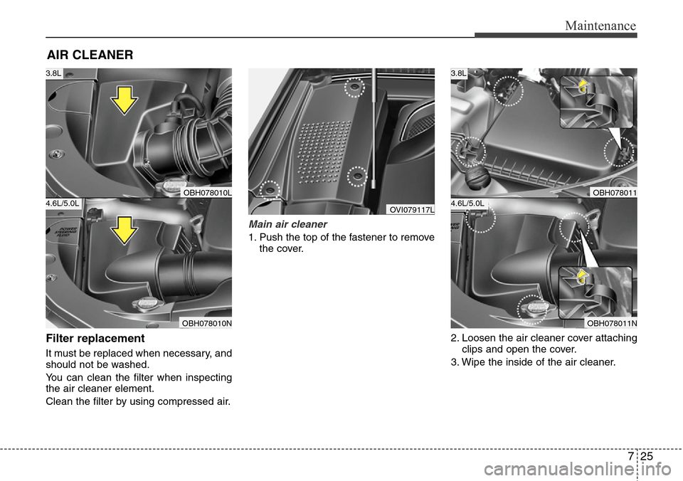 Hyundai Equus 2012  Owners Manual 725
Maintenance
AIR CLEANER
Filter replacement  
It must be replaced when necessary, and
should not be washed.
You can clean the filter when inspecting
the air cleaner element.
Clean the filter by usi